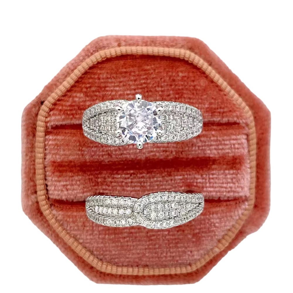 New Sparkling  Zirconia Diamond Ring & Band Set sz 7-10 Silver Plated Jewelry